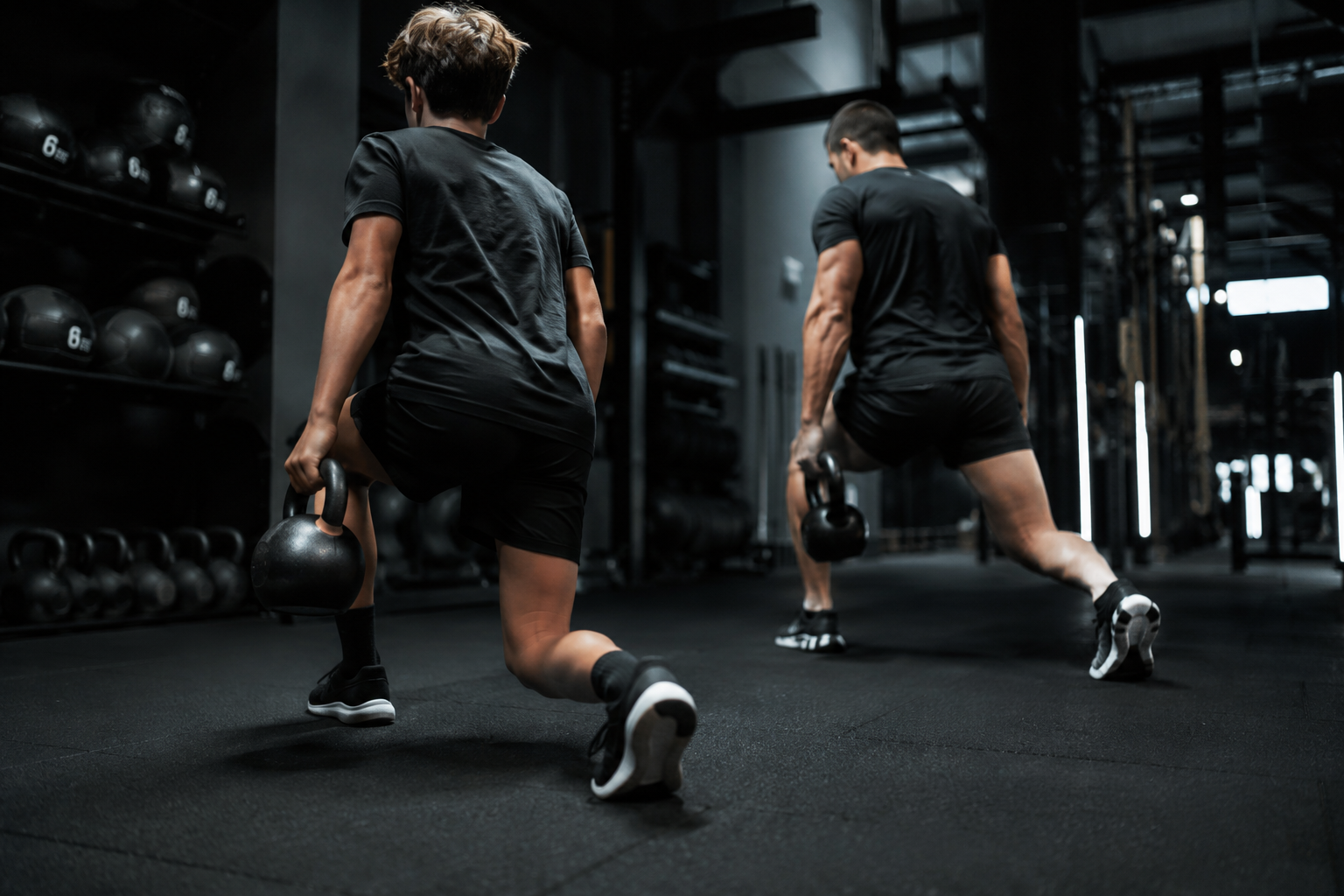 Padre e hijo entrenando juntos con kettlebells